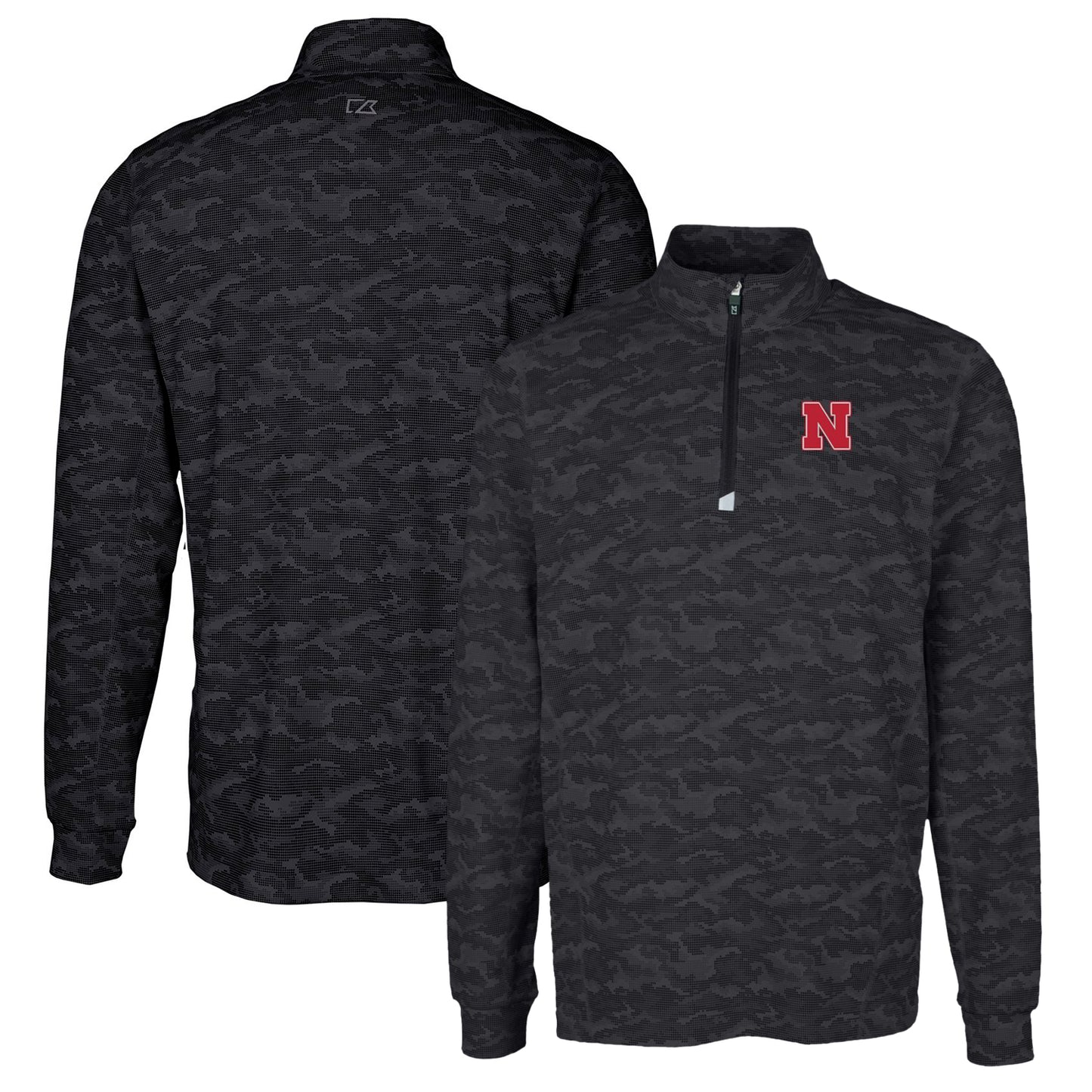 Men's Cutter & Buck Black Nebraska Huskers Traverse Camo Print Stretch Quarter-Zip Pullover Top