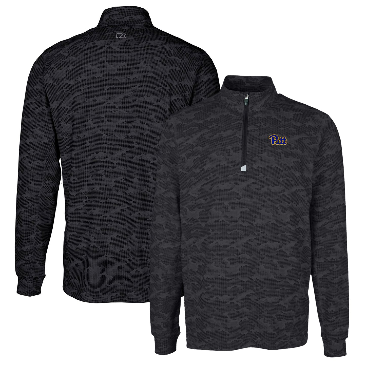 Men's Cutter & Buck Black Pitt Panthers Traverse Camo Print Stretch Quarter-Zip Pullover Top