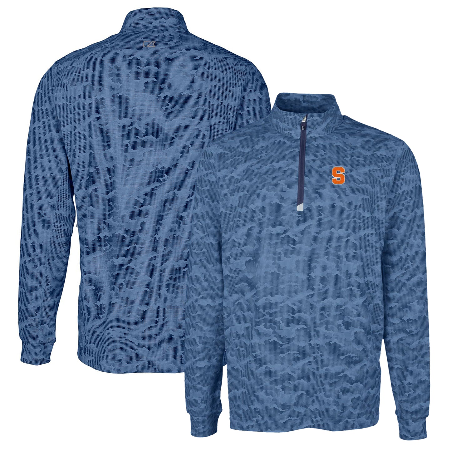 Men's Cutter & Buck Navy Syracuse Orange Traverse Camo Print Stretch Quarter-Zip Pullover Top