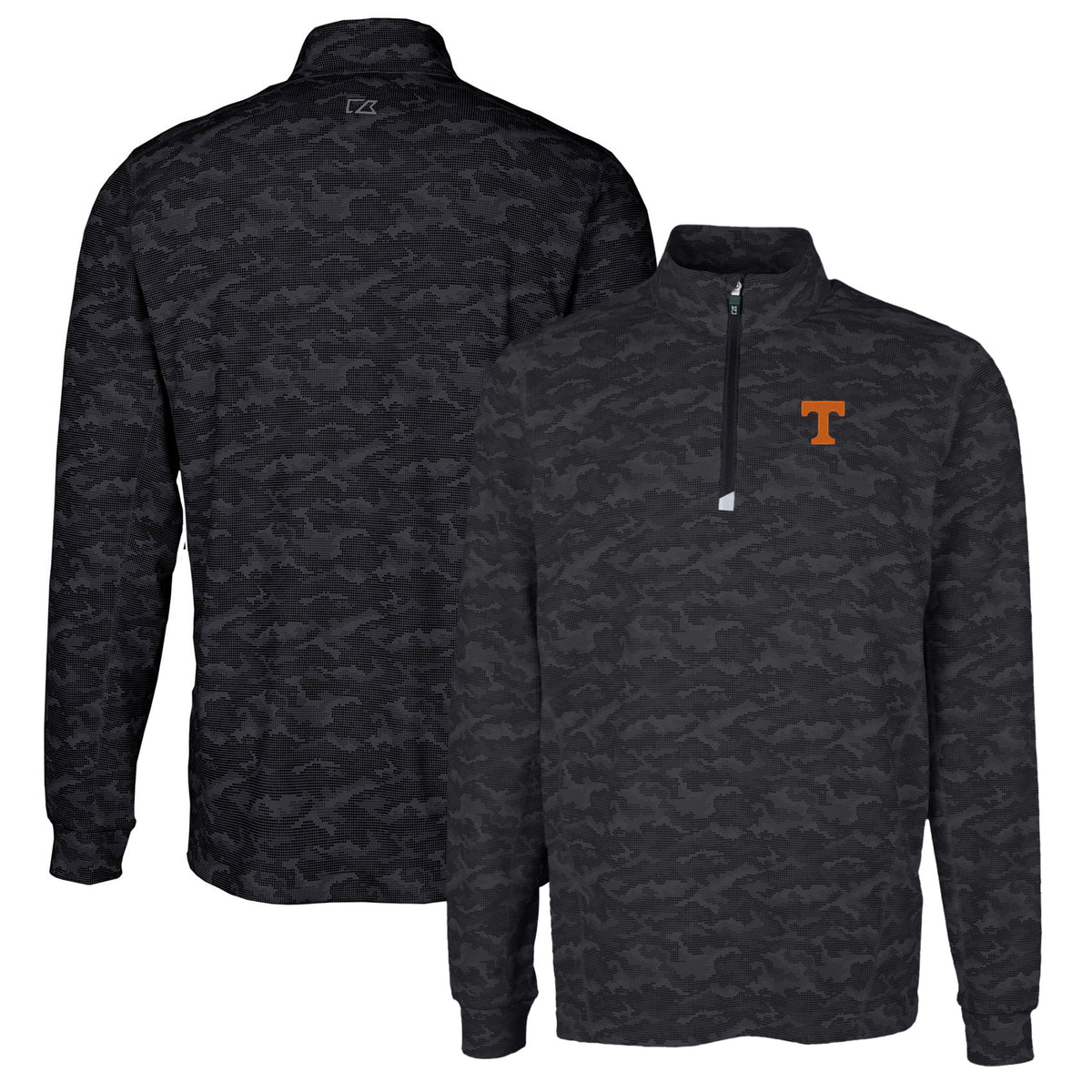 Men's Cutter & Buck Black Tennessee Volunteers Traverse Camo Print Stretch Quarter-Zip Pullover Top
