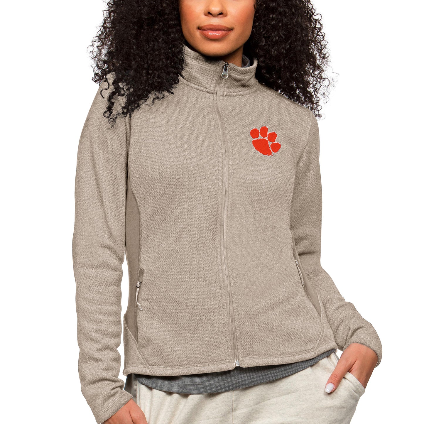 Women's Antigua Oatmeal Clemson Tigers Course Full-Zip Jacket