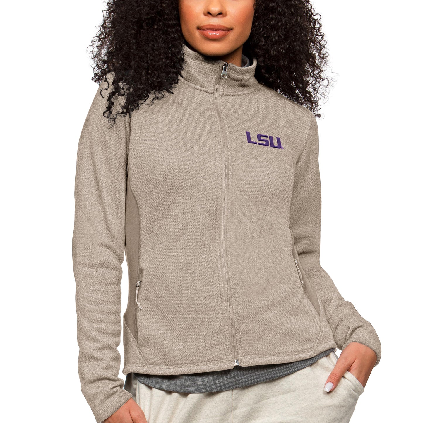 Women's Antigua Oatmeal LSU Tigers Course Full-Zip Jacket