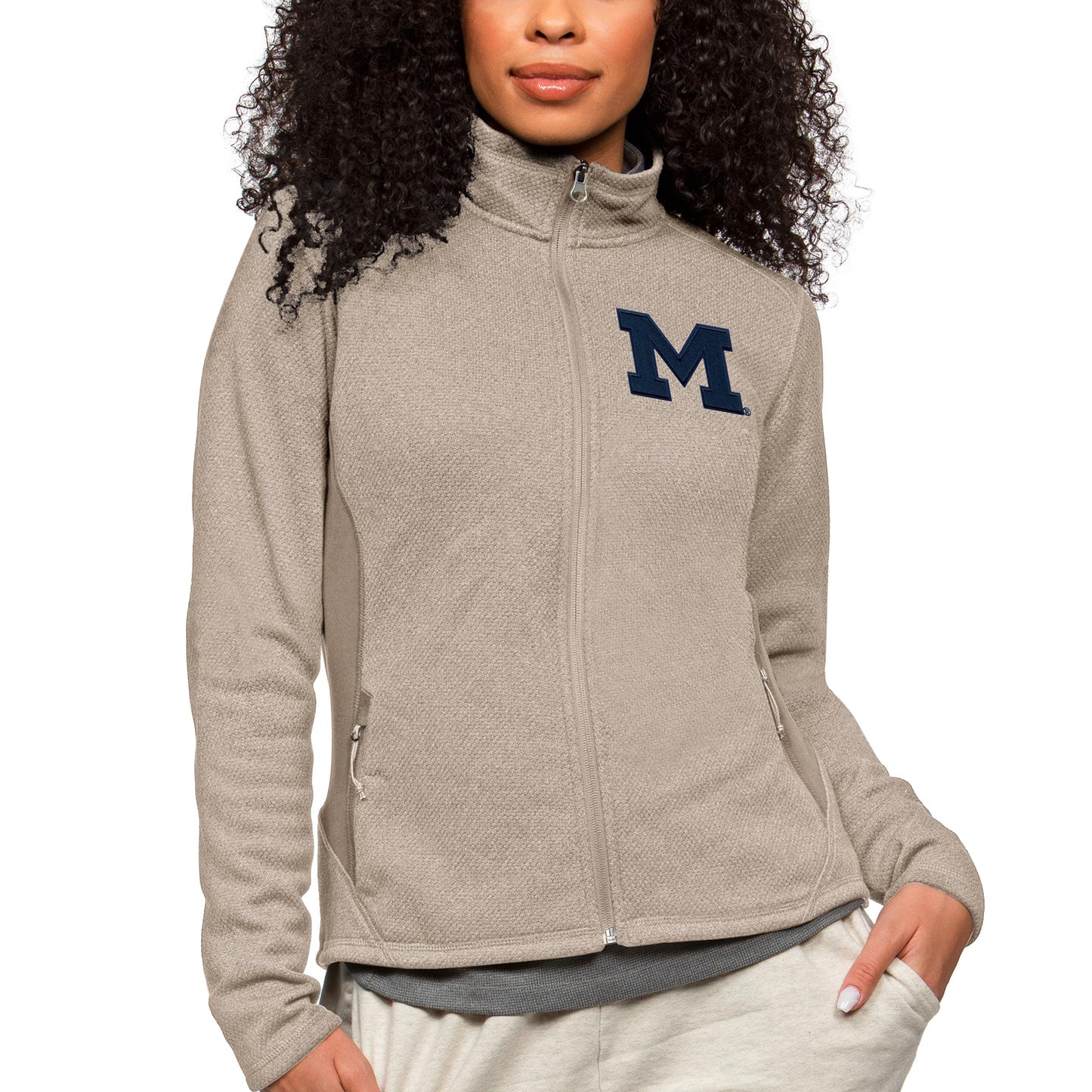 Women's Antigua Oatmeal Michigan Wolverines Course Full-Zip Jacket