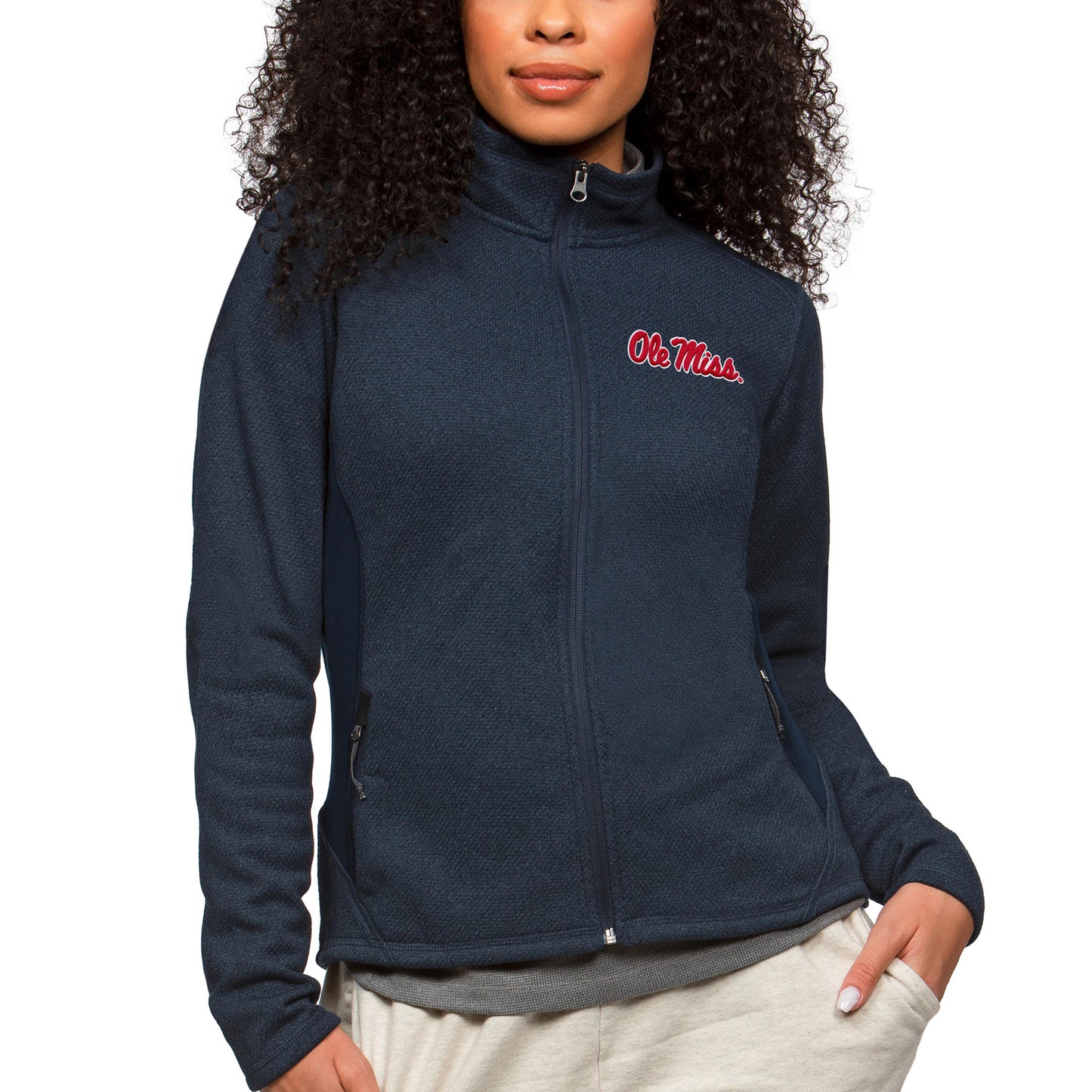 Women's Antigua Heather Navy Ole Miss Rebels Course Full-Zip Jacket