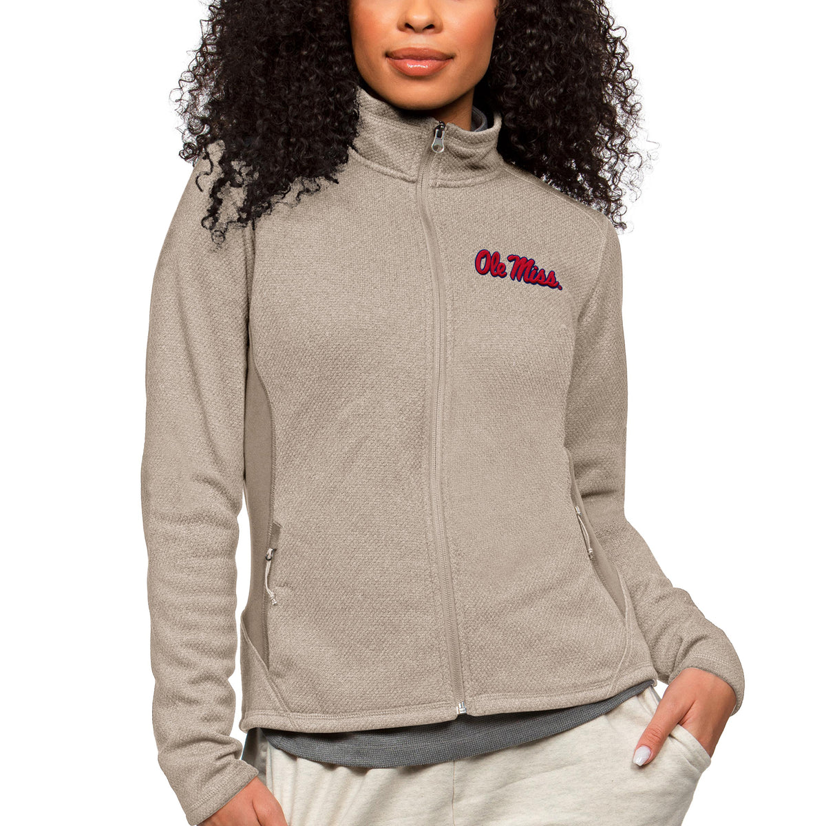Women's Antigua Oatmeal Ole Miss Rebels Course Full-Zip Jacket