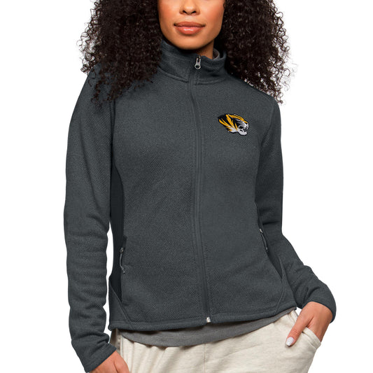 Women's Antigua Heather Charcoal Missouri Tigers Course Full-Zip Jacket