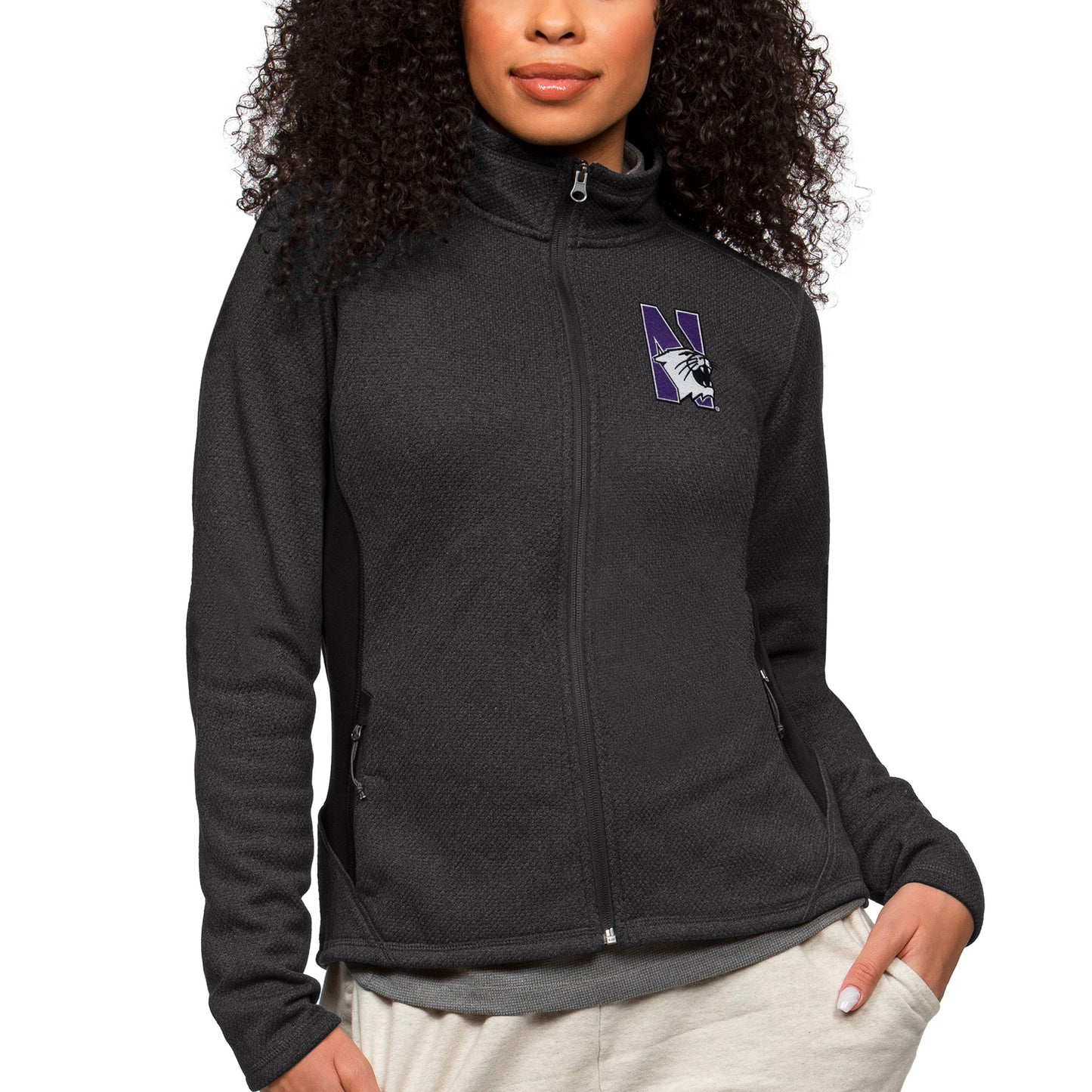 Women's Antigua Heather Black Northwestern Wildcats Course Full-Zip Jacket