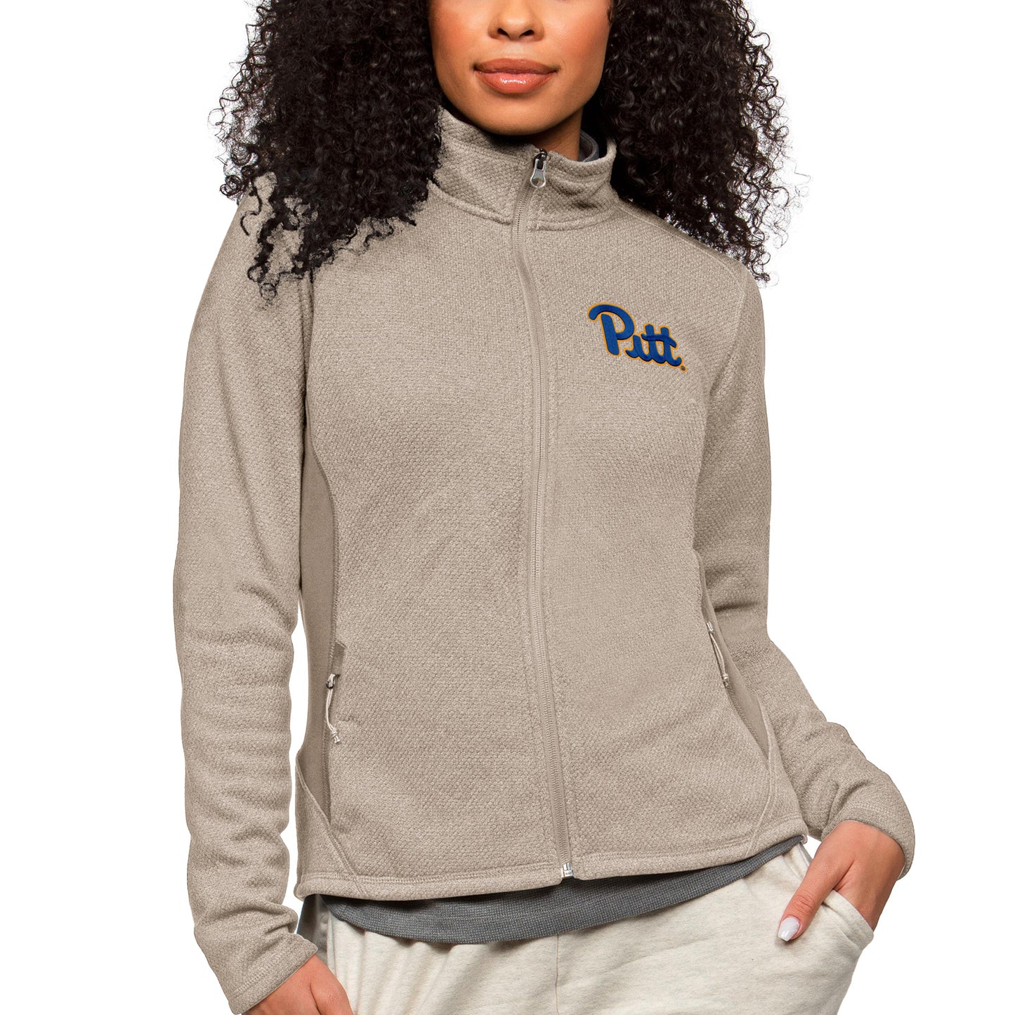 Women's Antigua Oatmeal Pitt Panthers Course Full-Zip Jacket