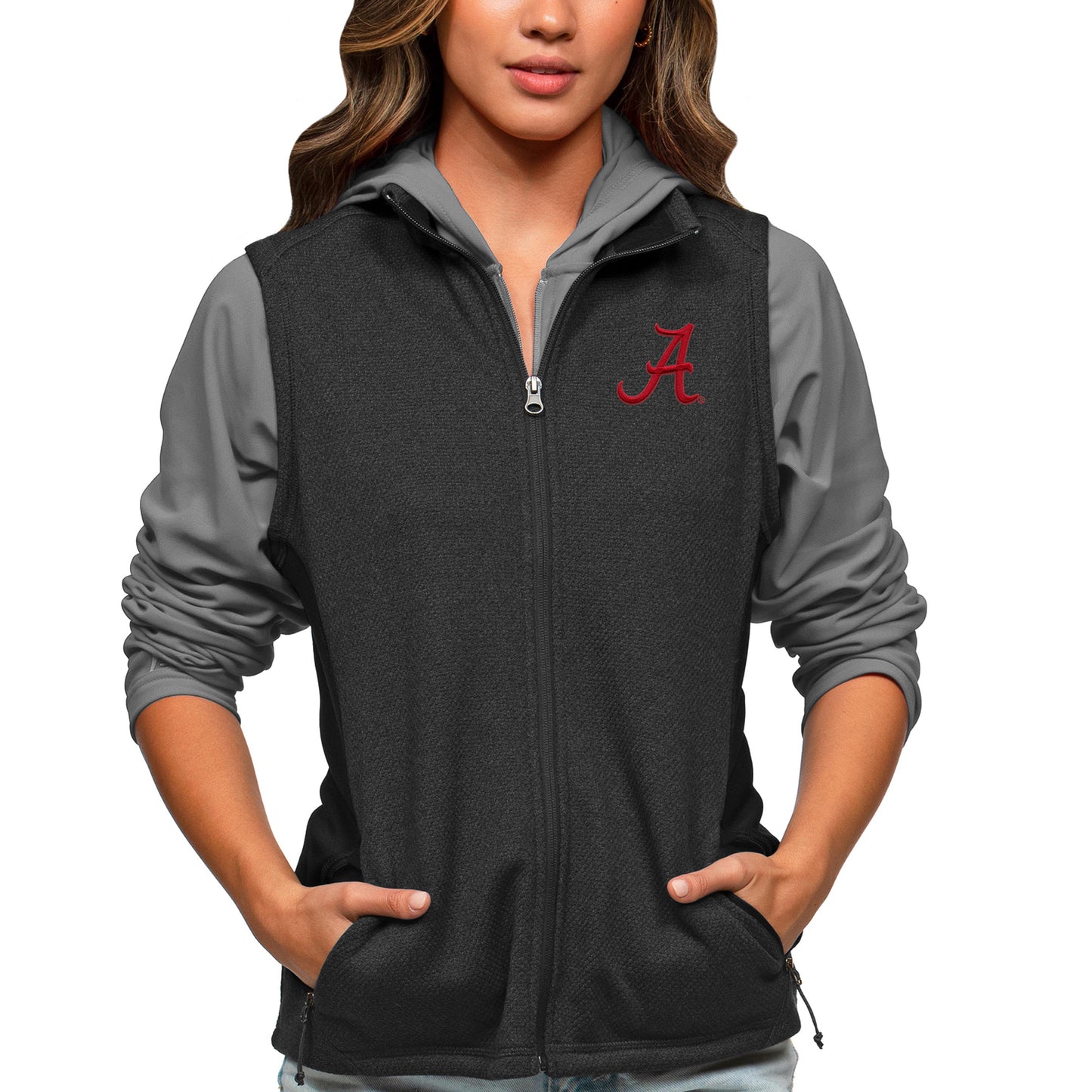 Women's Antigua Heather Black Alabama Crimson Tide Course Full-Zip Vest