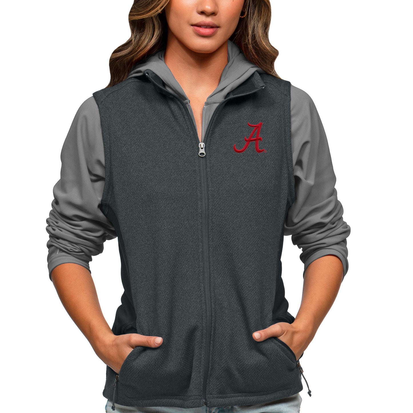 Women's Antigua Heather Charcoal Alabama Crimson Tide Course Full-Zip Vest