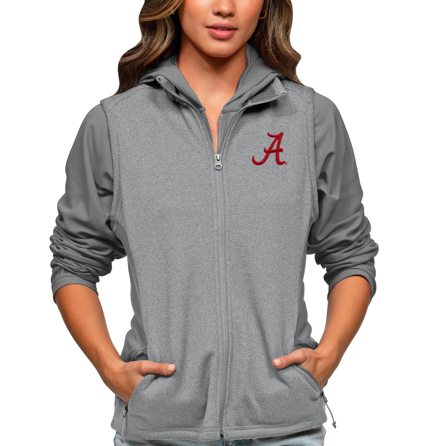 Women's Antigua Heather Gray Alabama Crimson Tide Course Full-Zip Vest