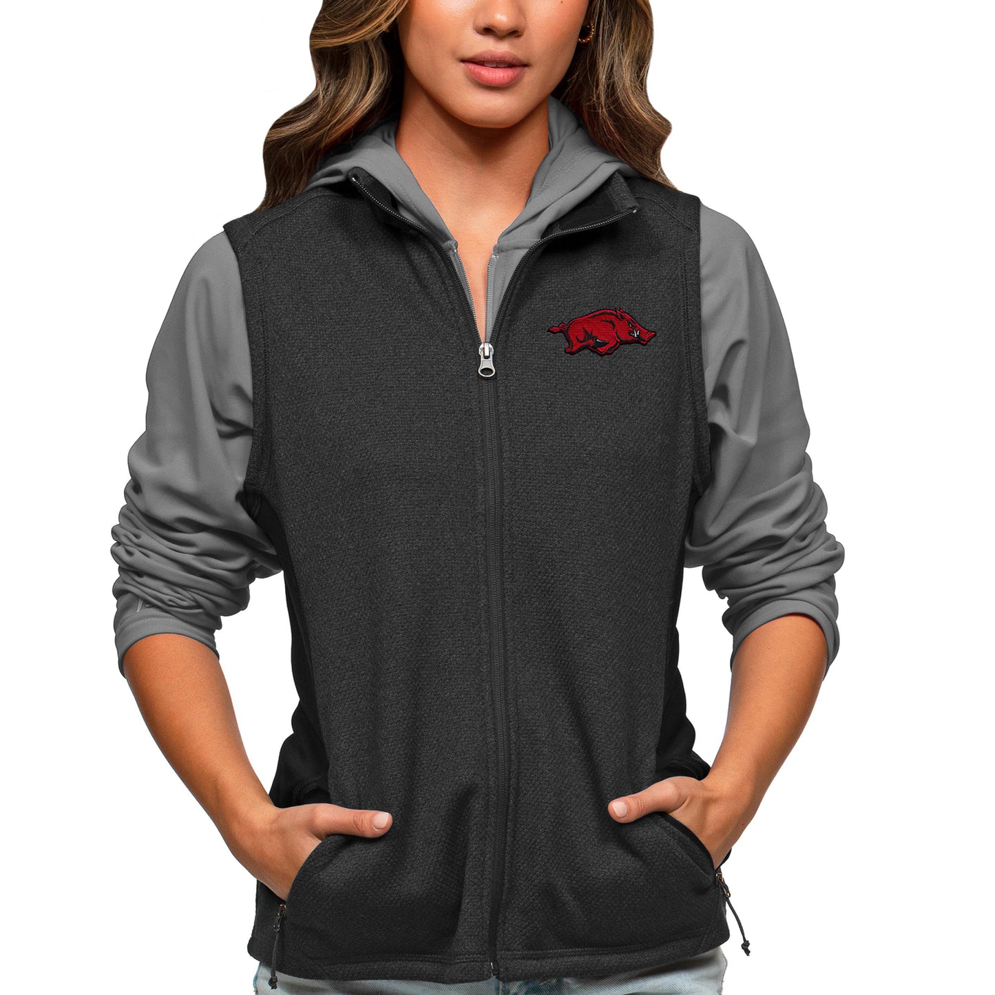 Women's Antigua Heather Black Arkansas Razorbacks Course Full-Zip Vest