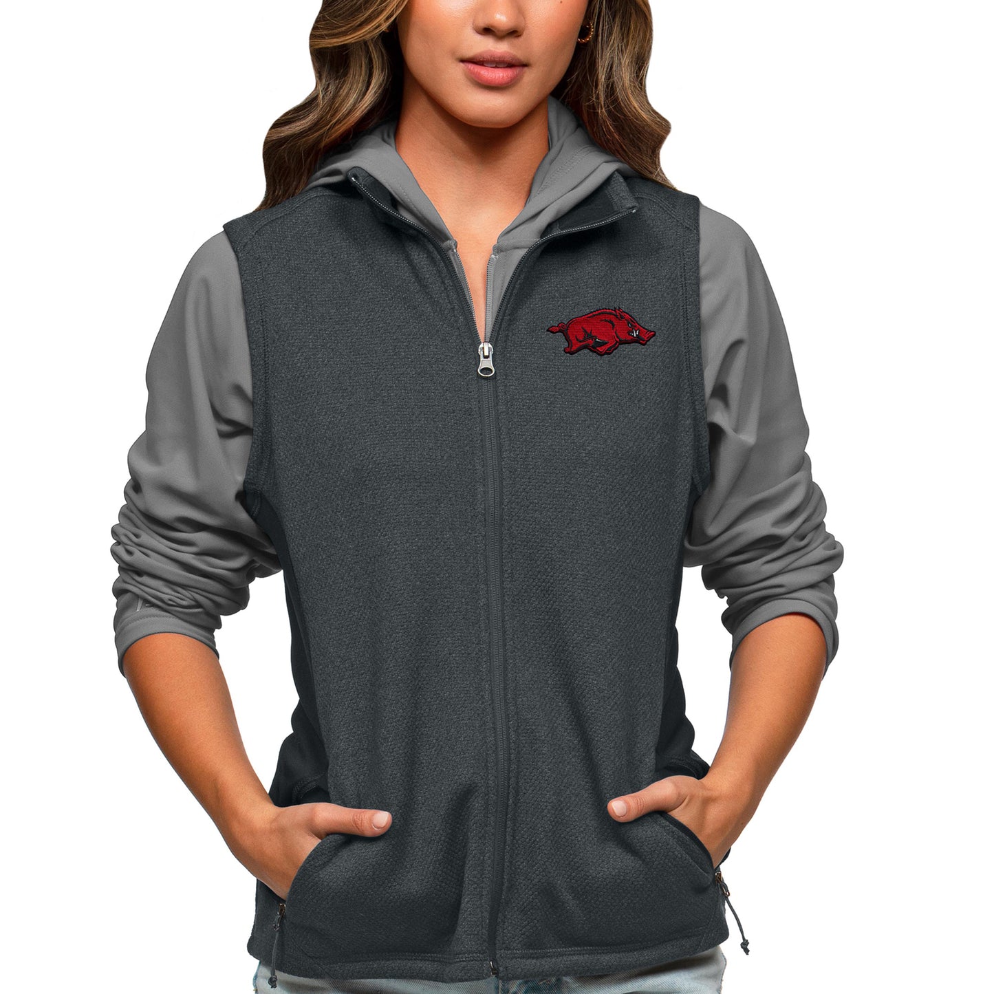 Women's Antigua Heather Charcoal Arkansas Razorbacks Course Full-Zip Vest