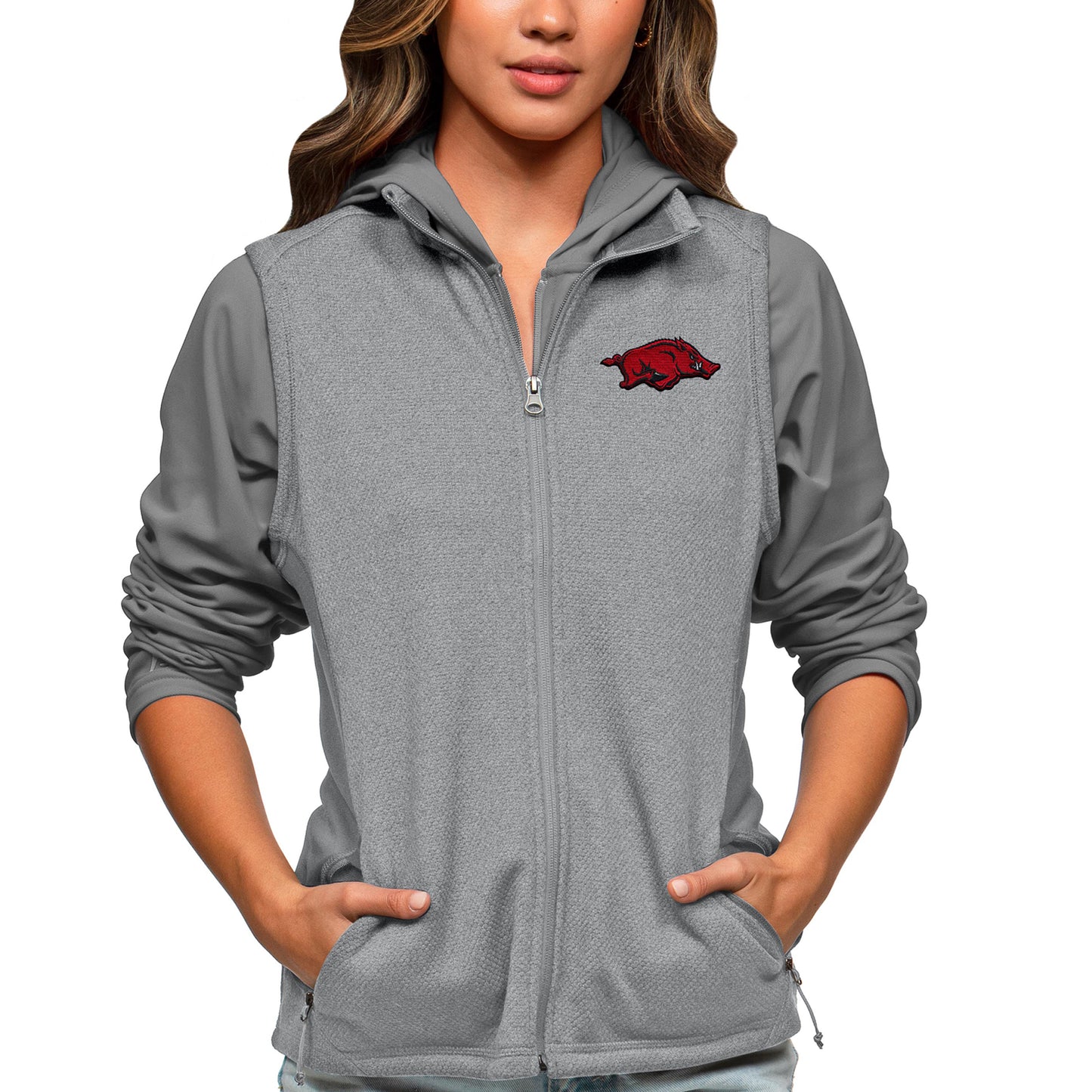 Women's Antigua Heather Gray Arkansas Razorbacks Course Full-Zip Vest