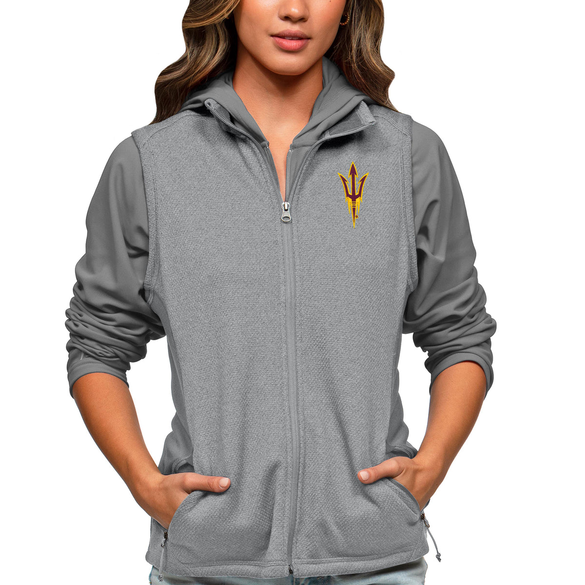 Women's Antigua Heather Gray Arizona State Sun Devils Course Full-Zip Vest