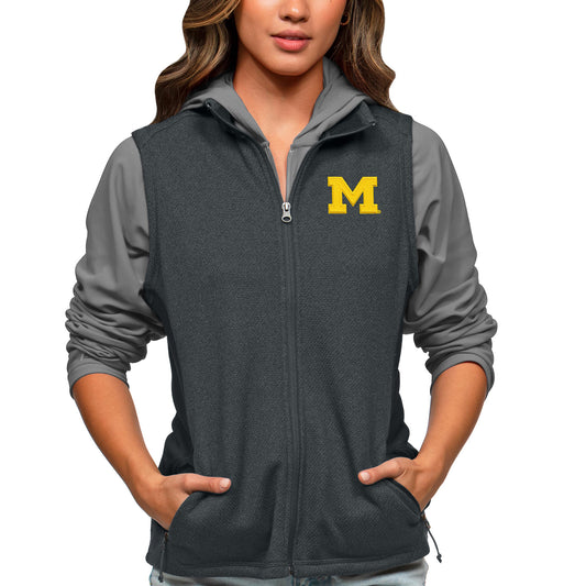 Women's Antigua Heather Charcoal Michigan Wolverines Course Full-Zip Vest