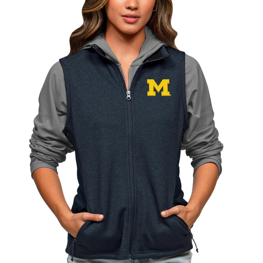 Women's Antigua Heather Navy Michigan Wolverines Course Full-Zip Vest