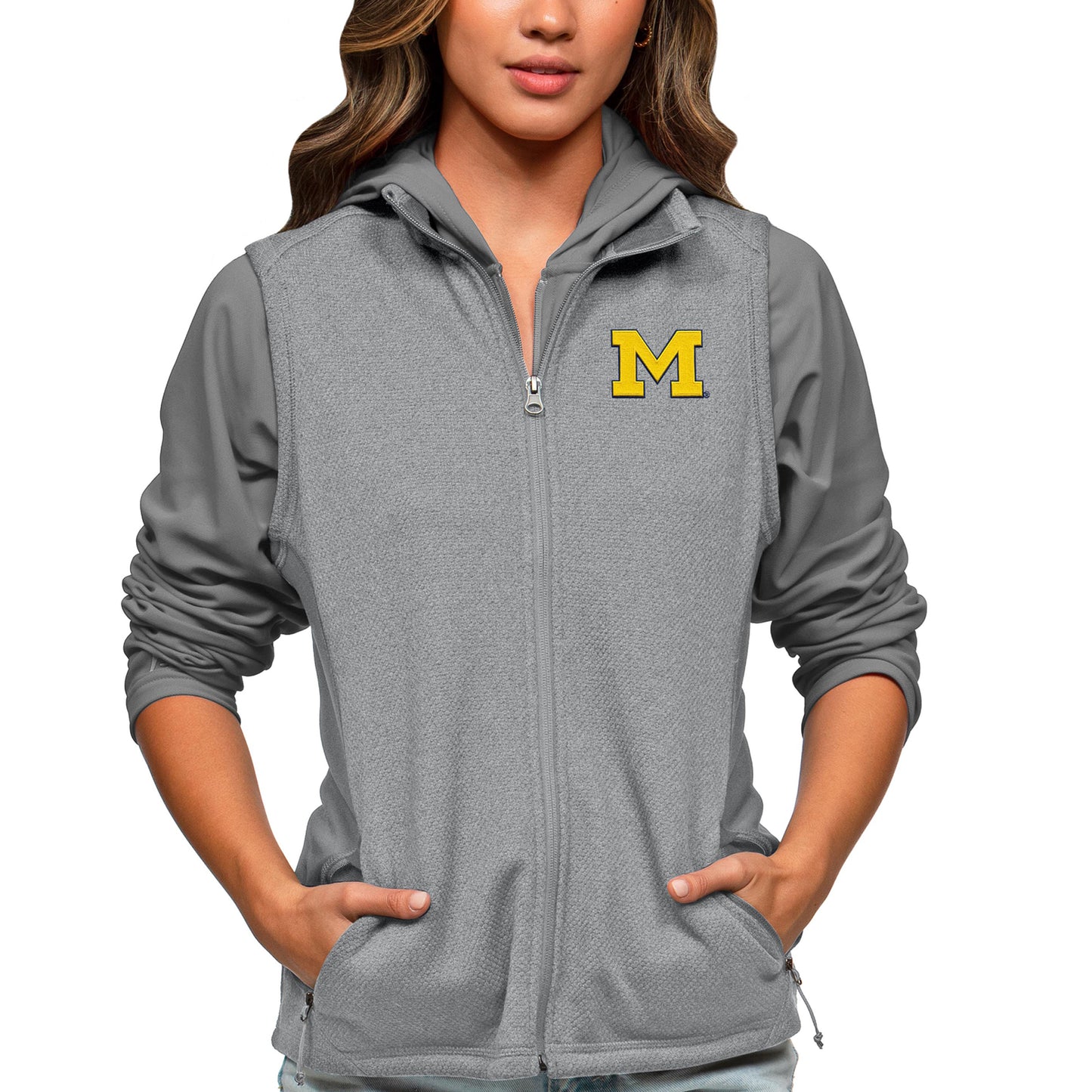 Women's Antigua Heather Gray Michigan Wolverines Course Full-Zip Vest