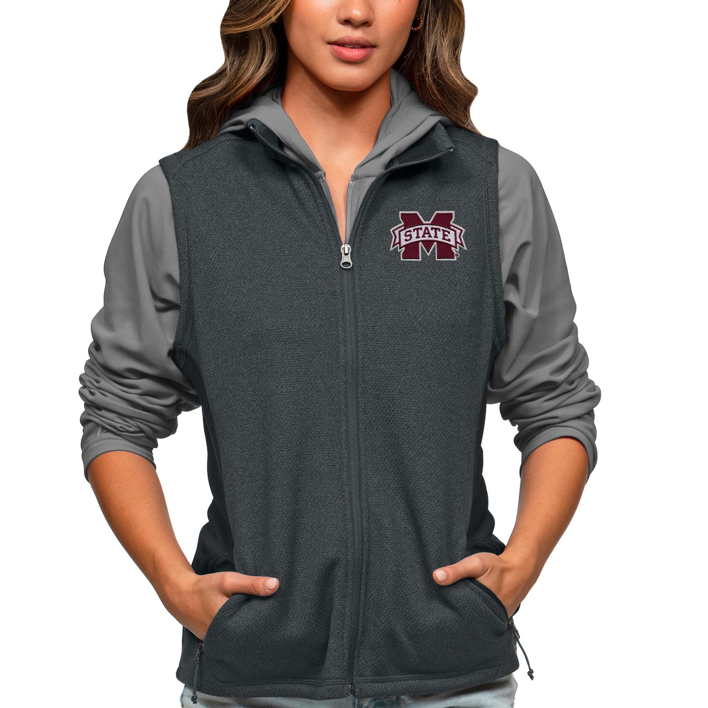 Women's Antigua Heather Charcoal Mississippi State Bulldogs Course Full-Zip Vest