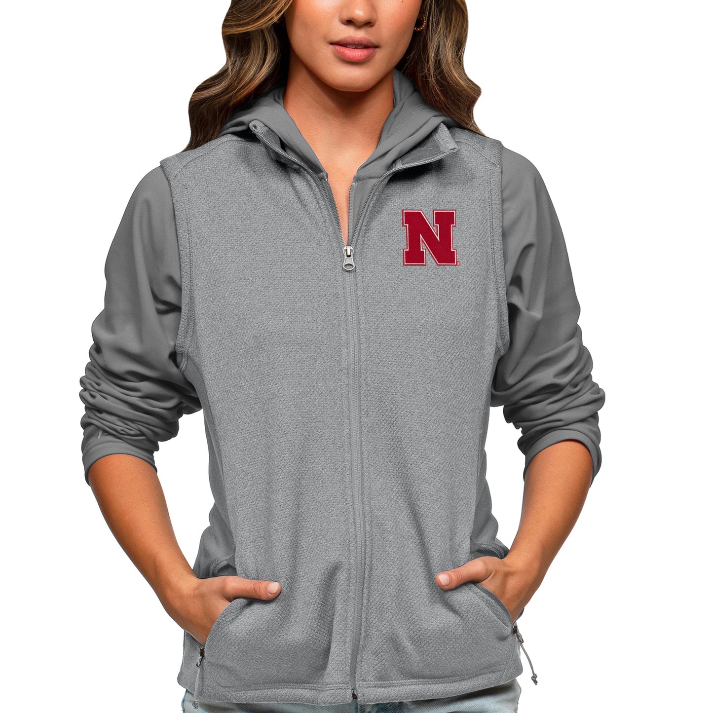 Women's Antigua Heather Gray Nebraska Huskers Course Full-Zip Vest