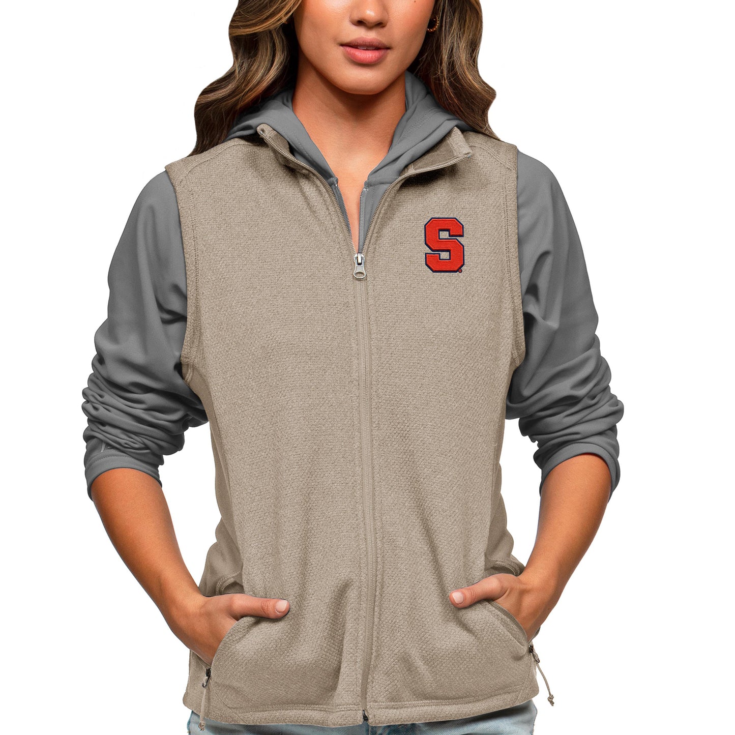 Women's Antigua Oatmeal Syracuse Orange Course Full-Zip Vest