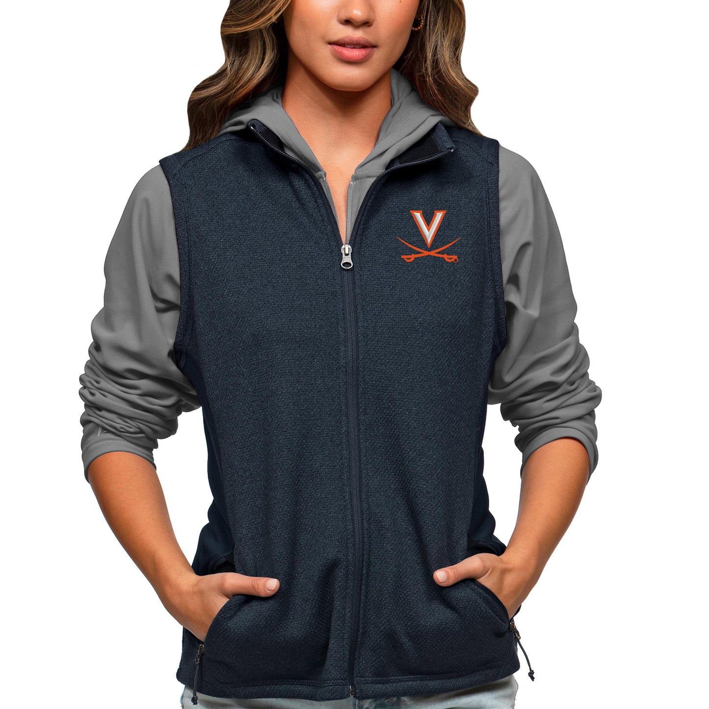 Women's Antigua Heather Navy Virginia Cavaliers Course Full-Zip Vest