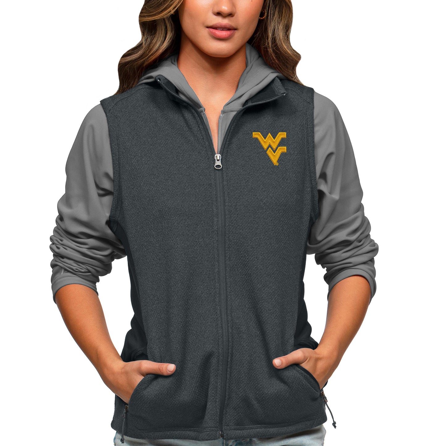 Women's Antigua Heather Charcoal West Virginia Mountaineers Course Full-Zip Vest