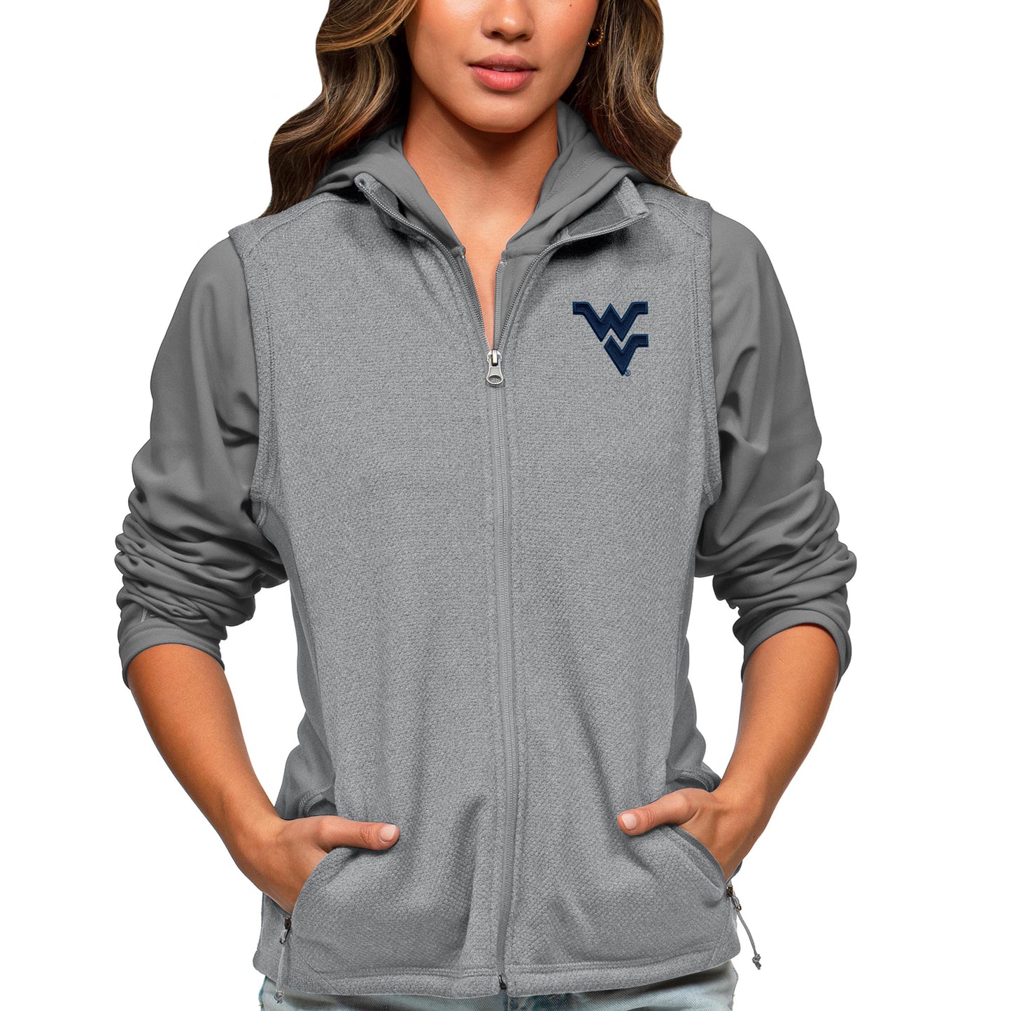 Women's Antigua Heather Gray West Virginia Mountaineers Course Full-Zip Vest