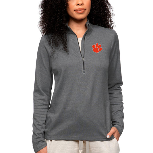 Women's Antigua Heather Charcoal Clemson Tigers Epic Quarter-Zip Pullover Top