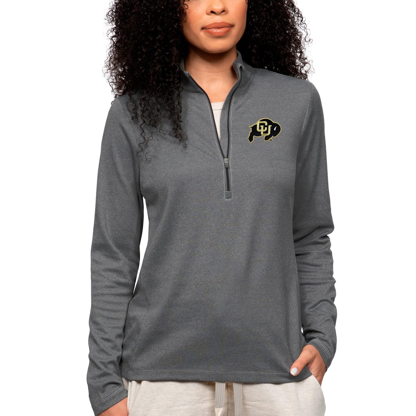 Women's Antigua Heather Charcoal Colorado Buffaloes Epic Quarter-Zip Pullover Top