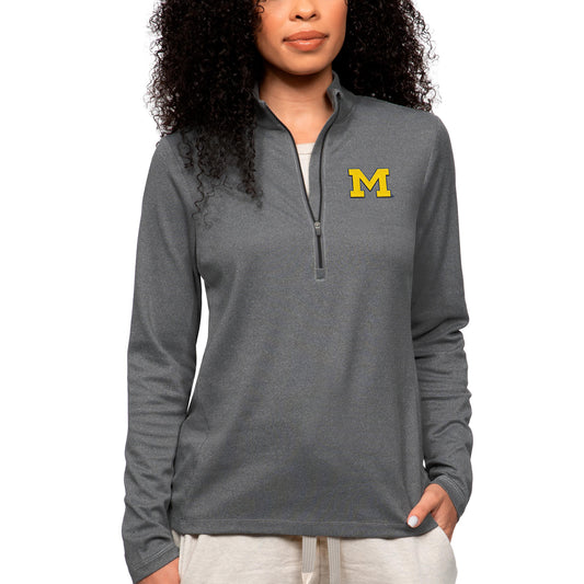 Women's Antigua Heather Charcoal Michigan Wolverines Epic Quarter-Zip Pullover Top