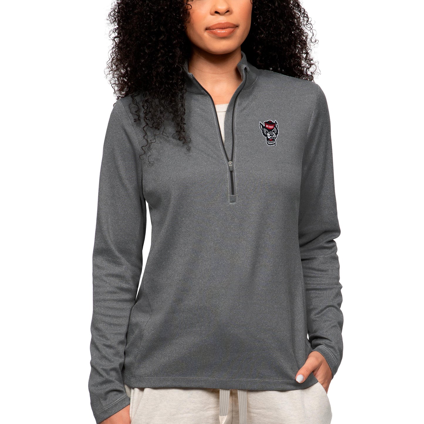 Women's Antigua Heather Charcoal NC State Wolfpack Epic Quarter-Zip Pullover Top