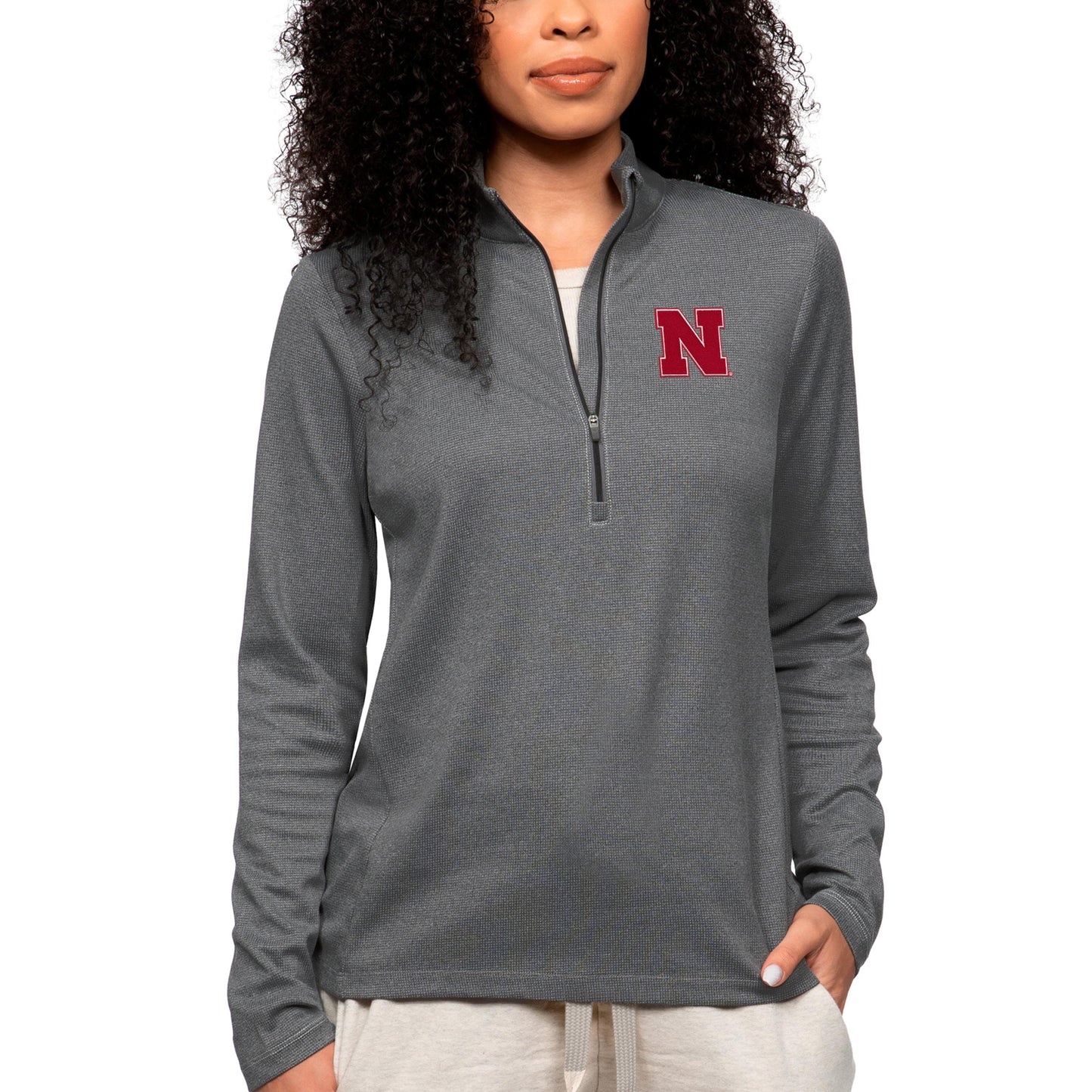 Women's Antigua Heather Charcoal Nebraska Huskers Epic Quarter-Zip Pullover Top