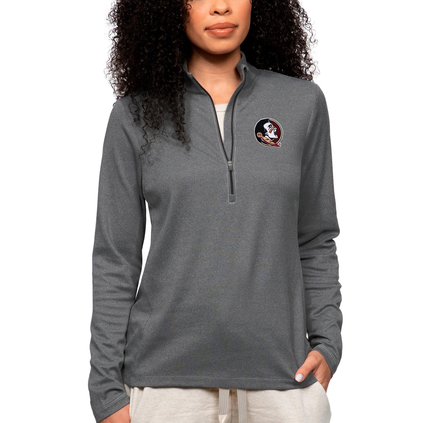 Women's Antigua Heather Charcoal Florida State Seminoles Epic Quarter-Zip Pullover Top