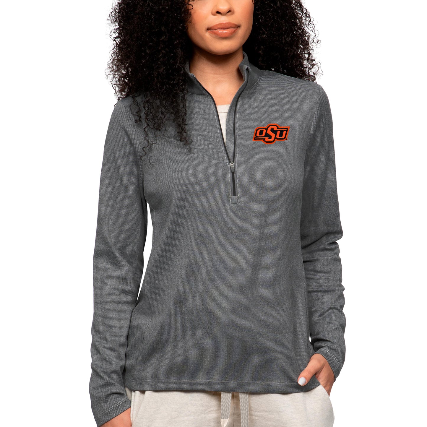 Women's Antigua Heather Charcoal Oklahoma State Cowboys Epic Quarter-Zip Pullover Top