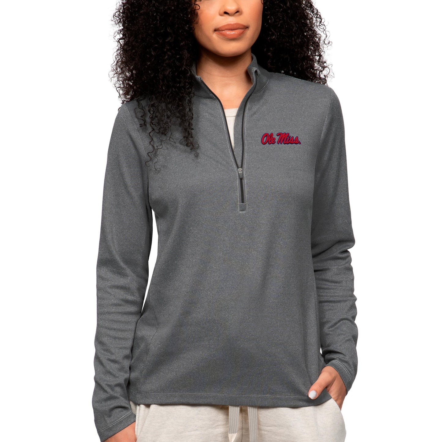 Women's Antigua Heather Charcoal Ole Miss Rebels Epic Quarter-Zip Pullover Top