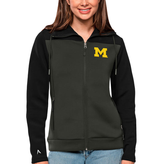 Women's Antigua Black/Charcoal Michigan Wolverines Protect Full-Zip Jacket