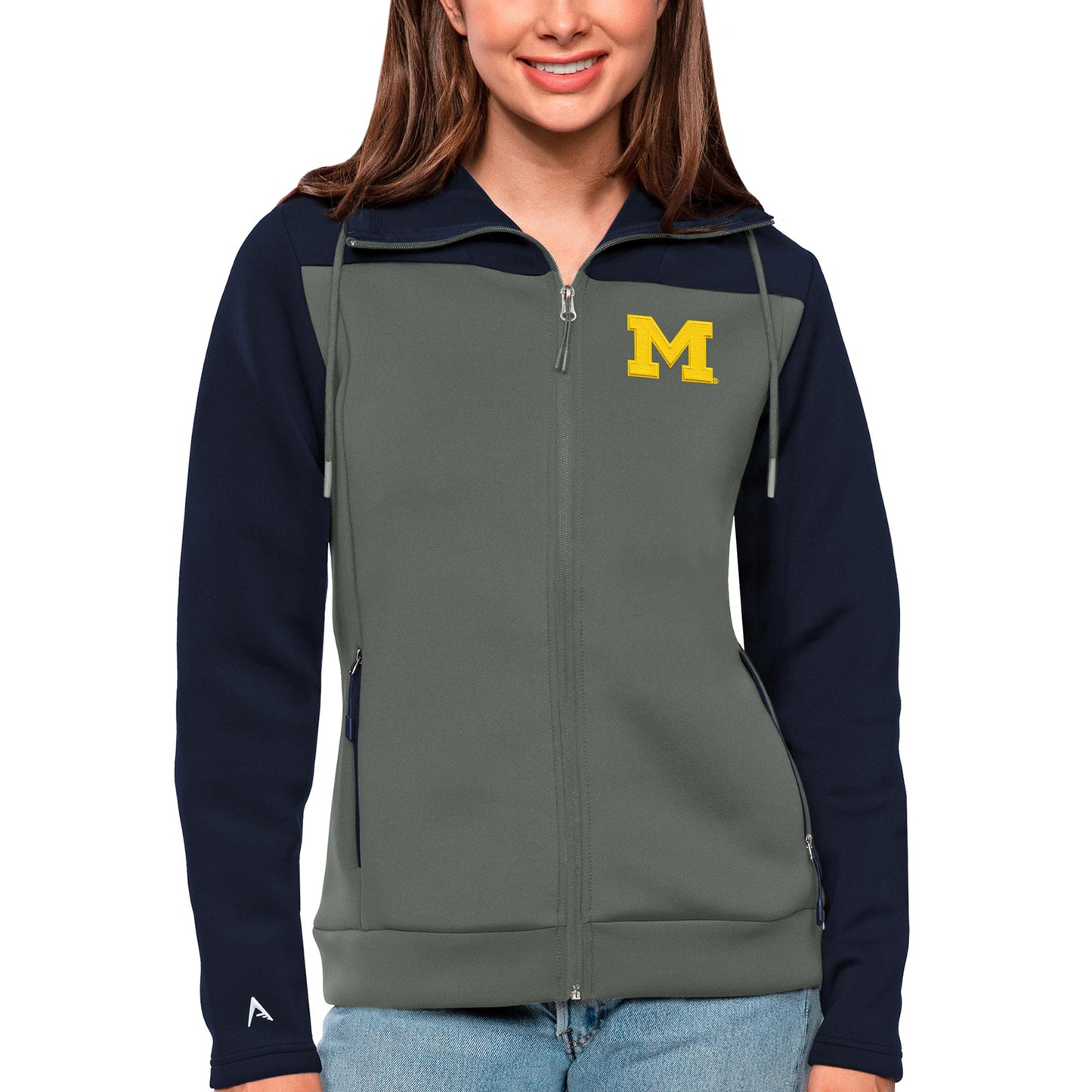 Women's Antigua Navy/Steel Michigan Wolverines Protect Full-Zip Jacket