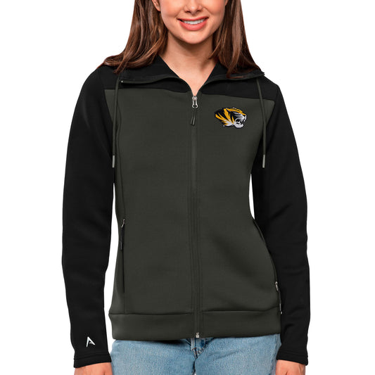 Women's Antigua Black/Charcoal Missouri Tigers Protect Full-Zip Jacket