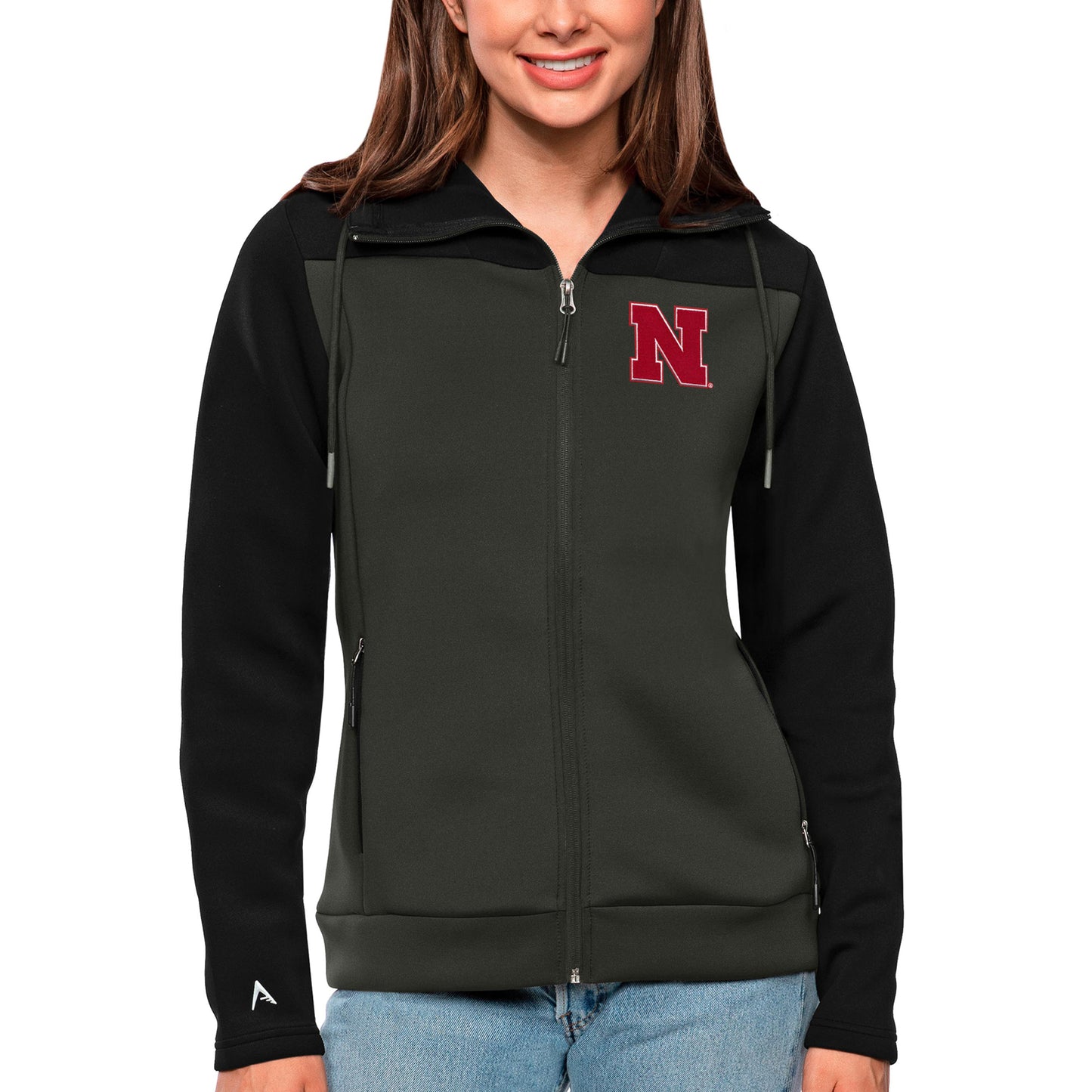 Women's Antigua Black/Charcoal Nebraska Huskers Protect Full-Zip Jacket