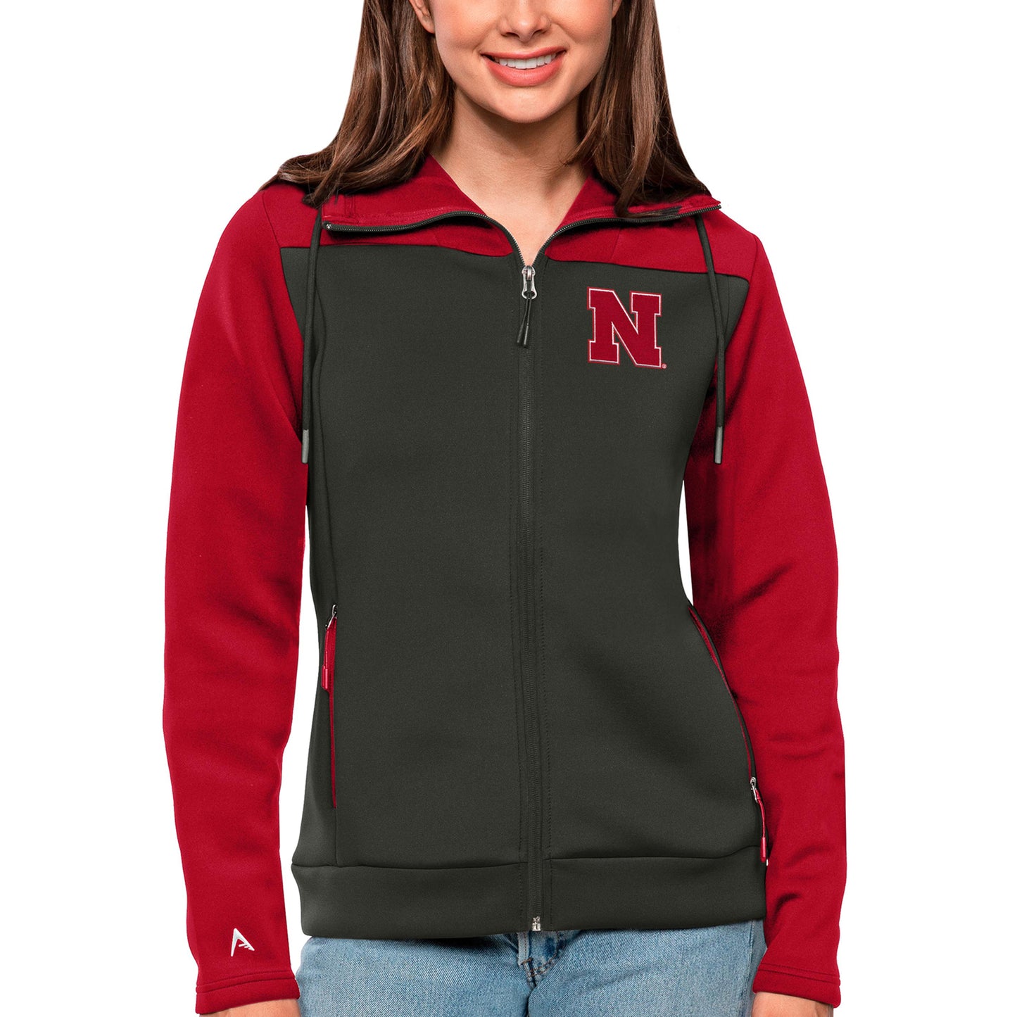 Women's Antigua Scarlet/Charcoal Nebraska Huskers Protect Full-Zip Jacket