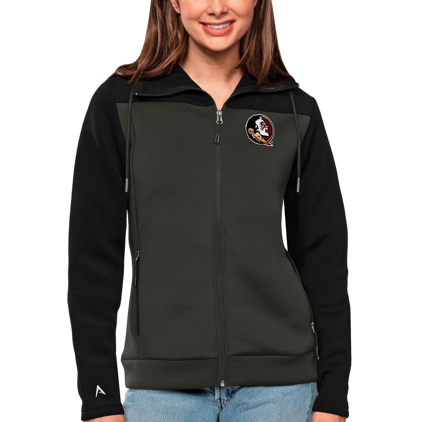 Women's Antigua Black/Charcoal Florida State Seminoles Protect Full-Zip Jacket