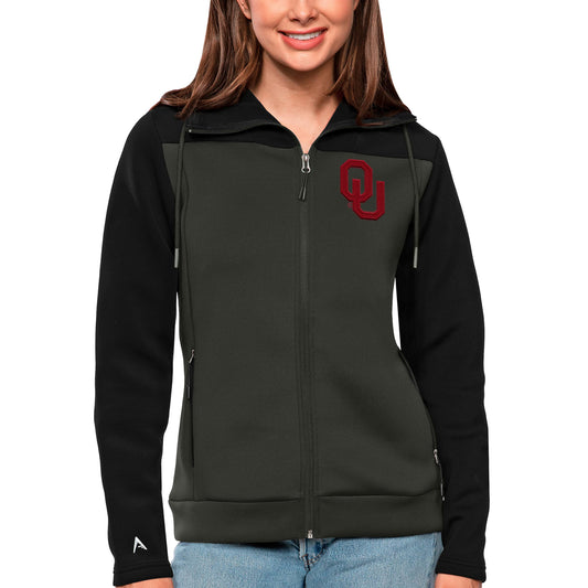 Women's Antigua Black/Charcoal Oklahoma Sooners Protect Full-Zip Jacket