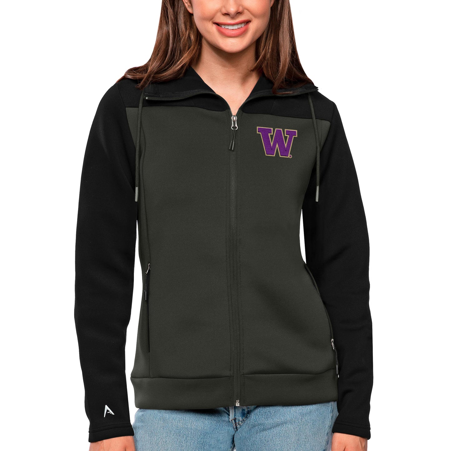 Women's Antigua Black/Charcoal Washington Huskies Protect Full-Zip Jacket