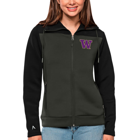 Women's Antigua Black/Charcoal Washington Huskies Protect Full-Zip Jacket