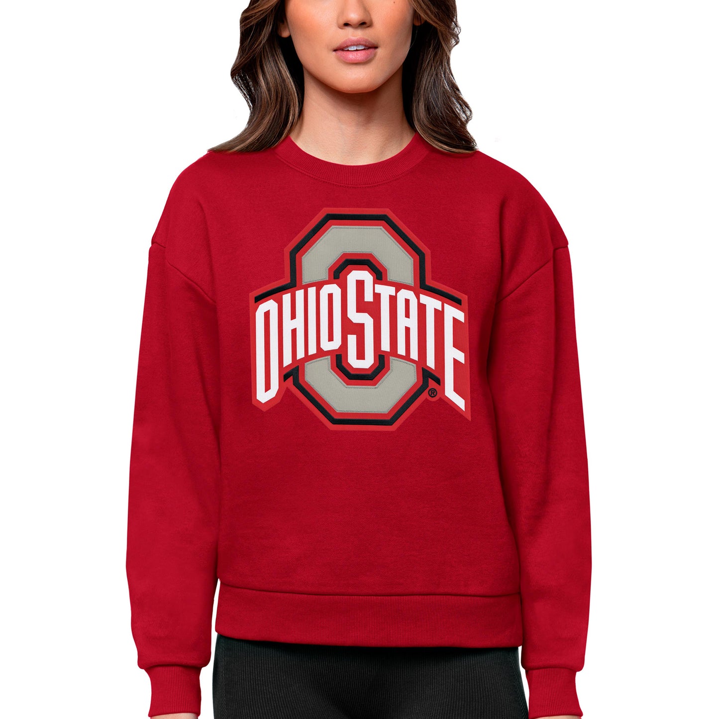 Women's Antigua Scarlet Ohio State Buckeyes Victory Crewneck Pullover Sweatshirt