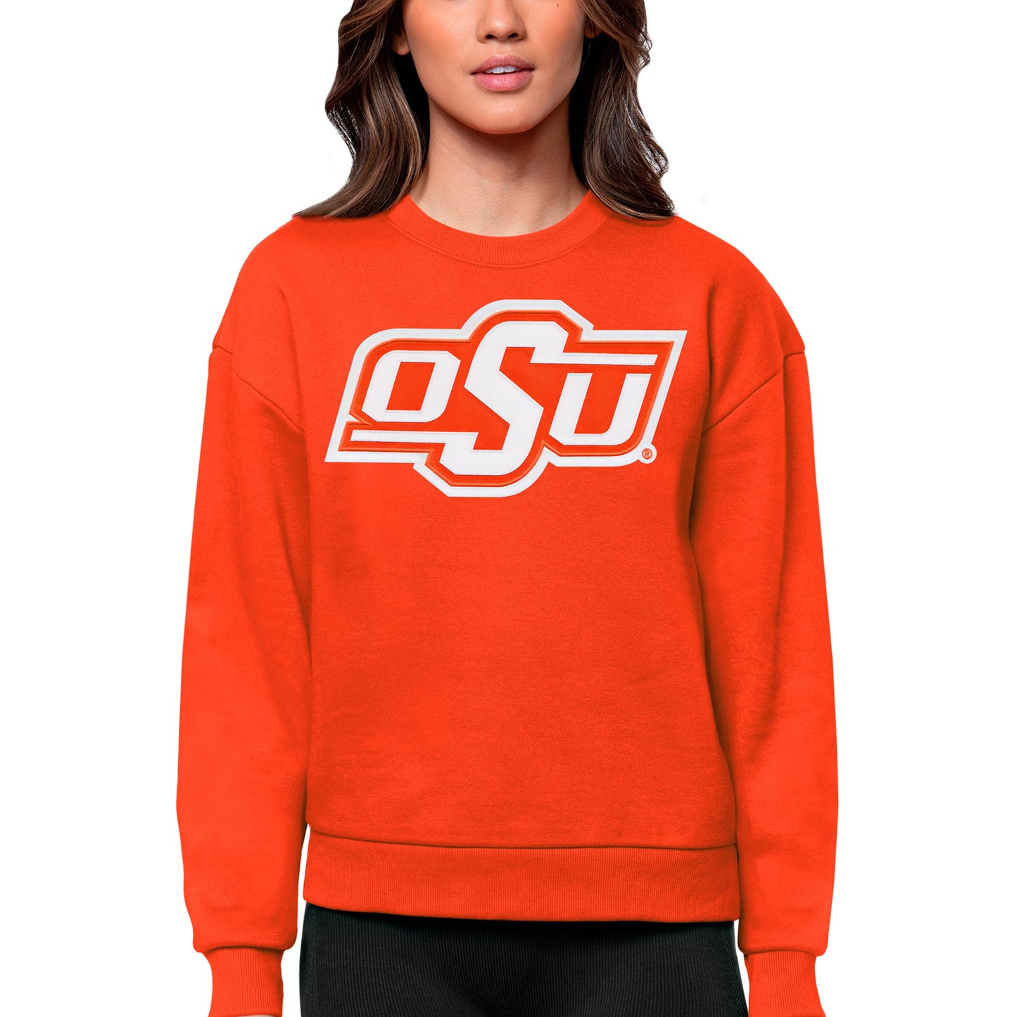 Women's Antigua Orange Oklahoma State Cowboys Victory Crewneck Pullover Sweatshirt