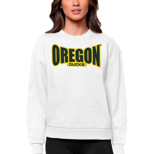 Women's Antigua White Oregon Ducks Victory Crewneck Pullover Sweatshirt