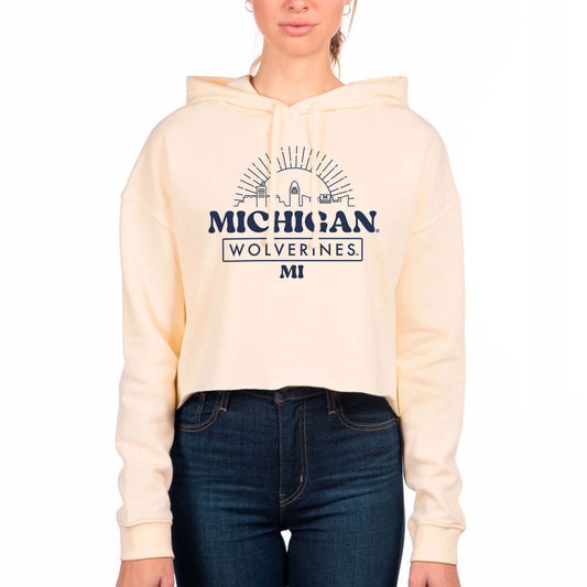Women's Uscape Apparel Cream Michigan Wolverines Fleece Crop Hoodie