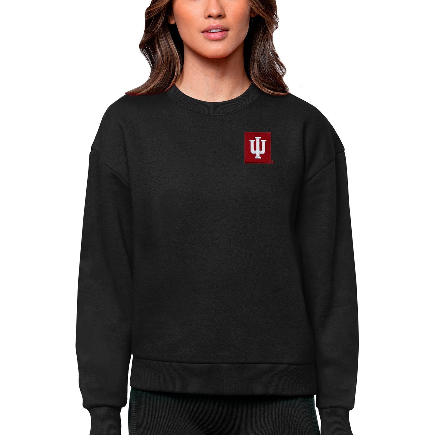 Women's Antigua Black Indiana Hoosiers Logo Victory Crewneck Pullover Sweatshirt